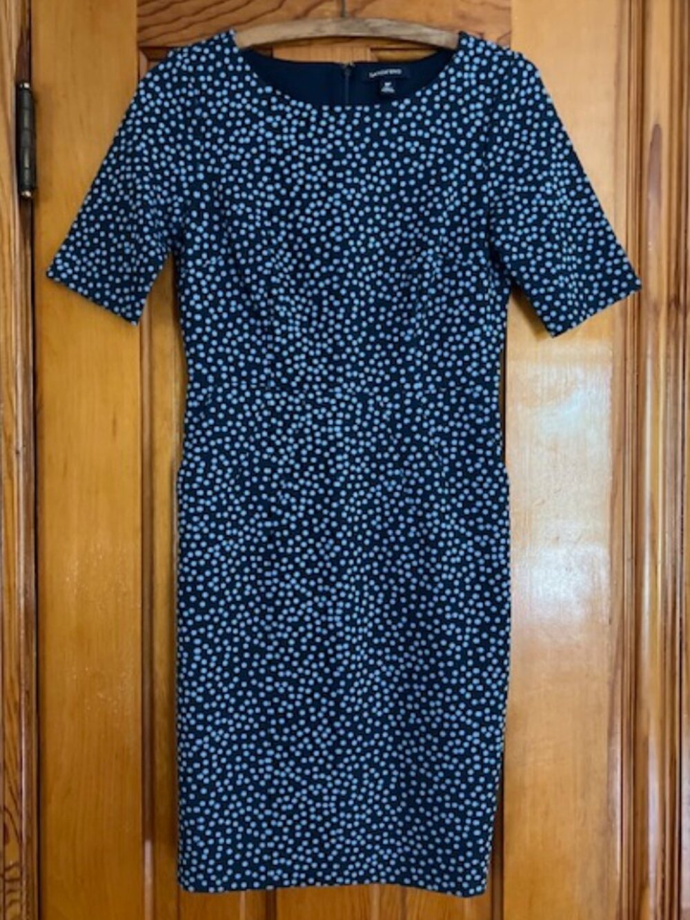Lands' End Navy BLU Polka Dot Short Sleeve Ponte Sheath Dress Woman's 0P